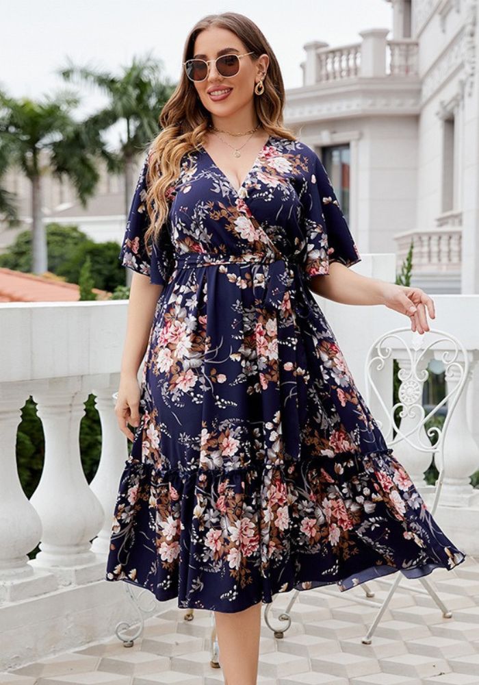 Rochie eleganta de vara model floral M27, culoare albastru