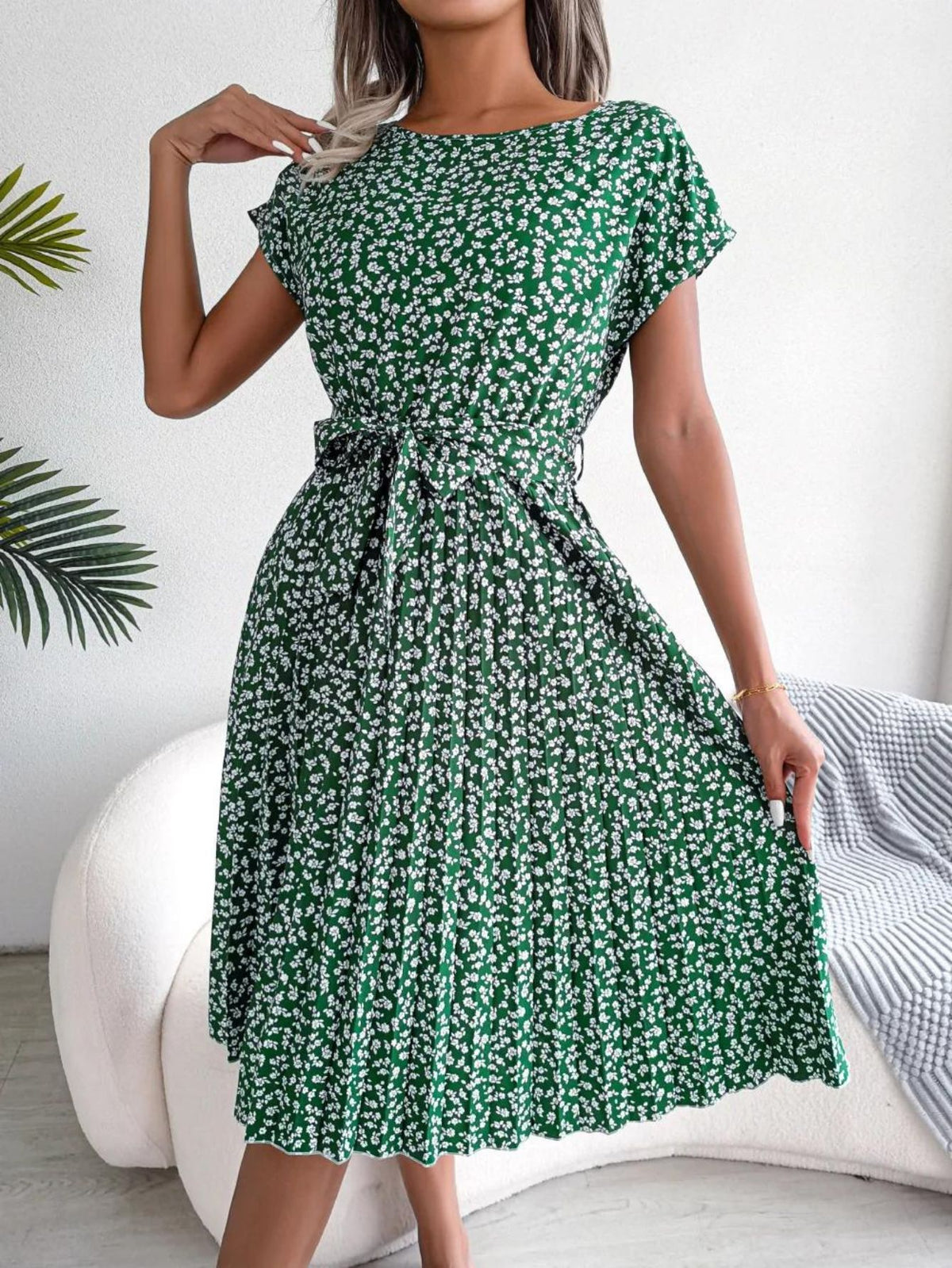 Rochie eleganta M7, Model floral, Maneca scurta, Peste genunchi, Vara, M-3XL
