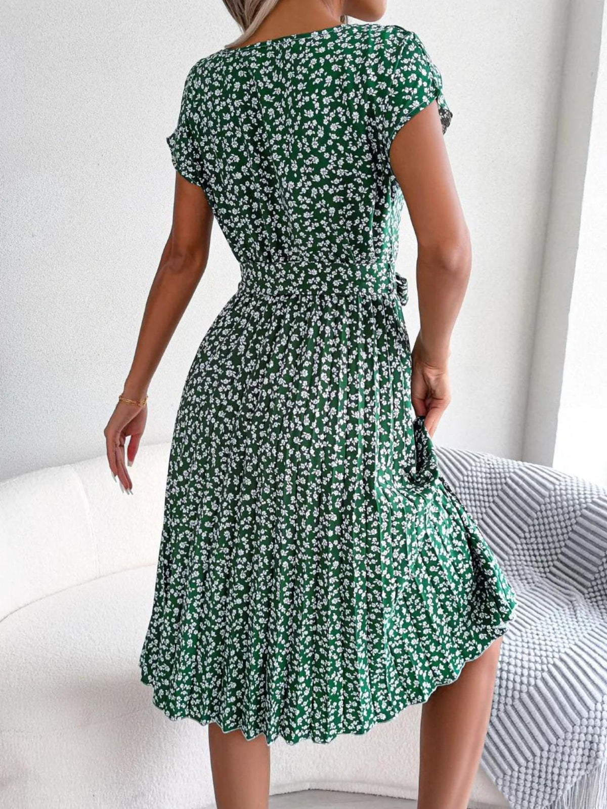 Rochie eleganta M7, Model floral, Maneca scurta, Peste genunchi, Vara, M-3XL