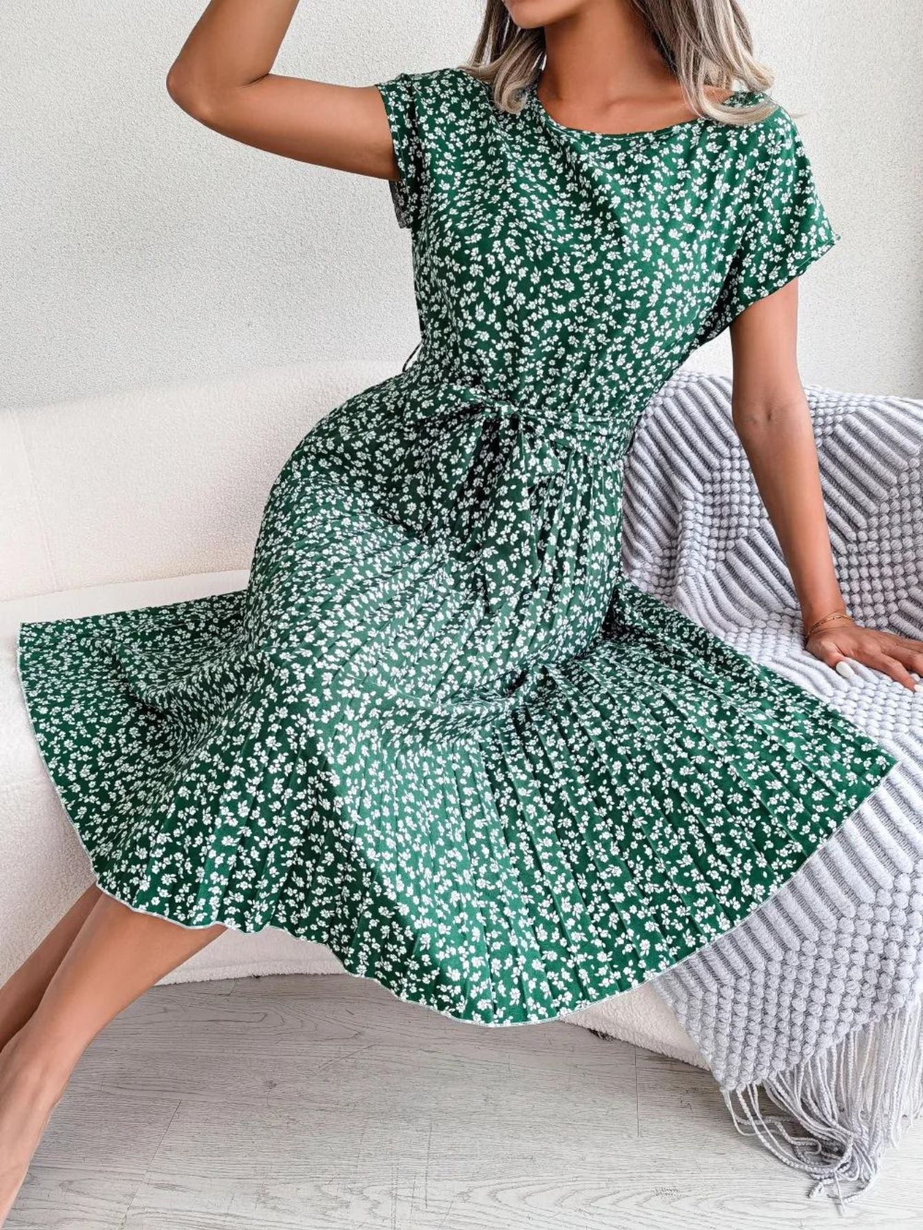 Rochie eleganta M7, Model floral, Maneca scurta, Peste genunchi, Vara, M-3XL
