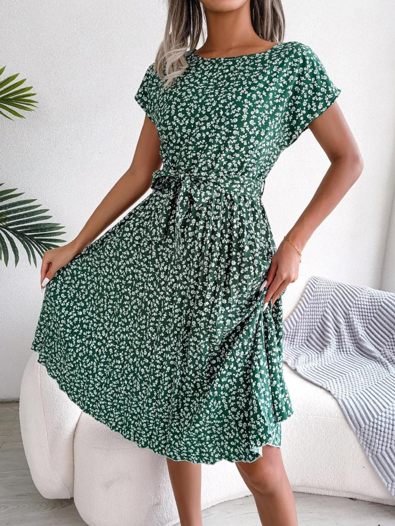 Rochie eleganta M7, Model floral, Maneca scurta, Peste genunchi, Vara, M-3XL