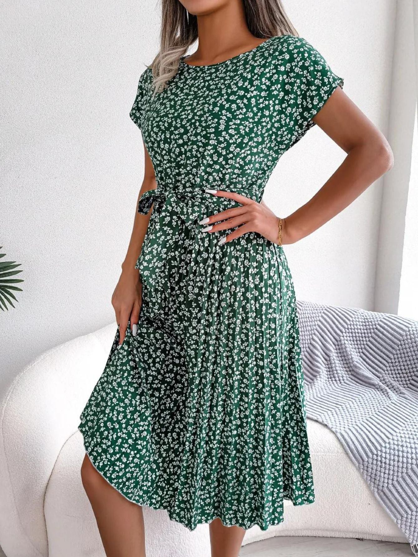 Rochie eleganta M7, Model floral, Maneca scurta, Peste genunchi, Vara, M-3XL