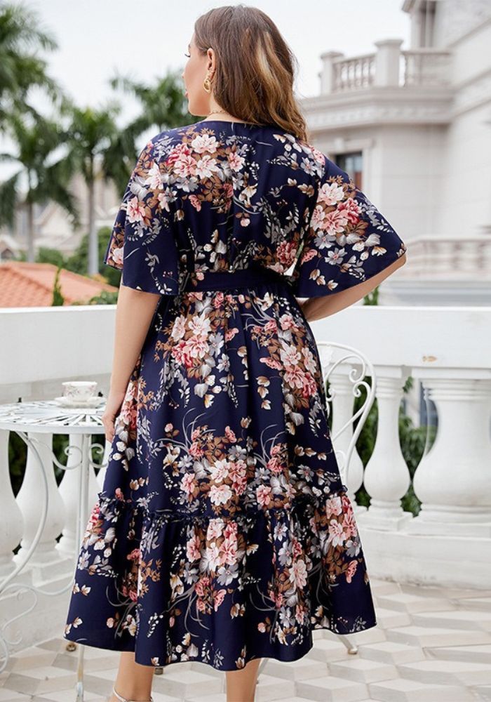 Rochie eleganta de vara model floral M27, culoare albastru