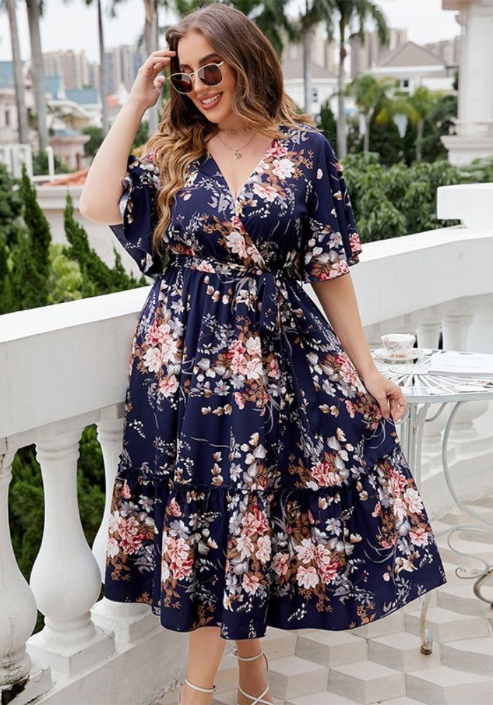 Rochie eleganta de vara model floral M27, culoare albastru