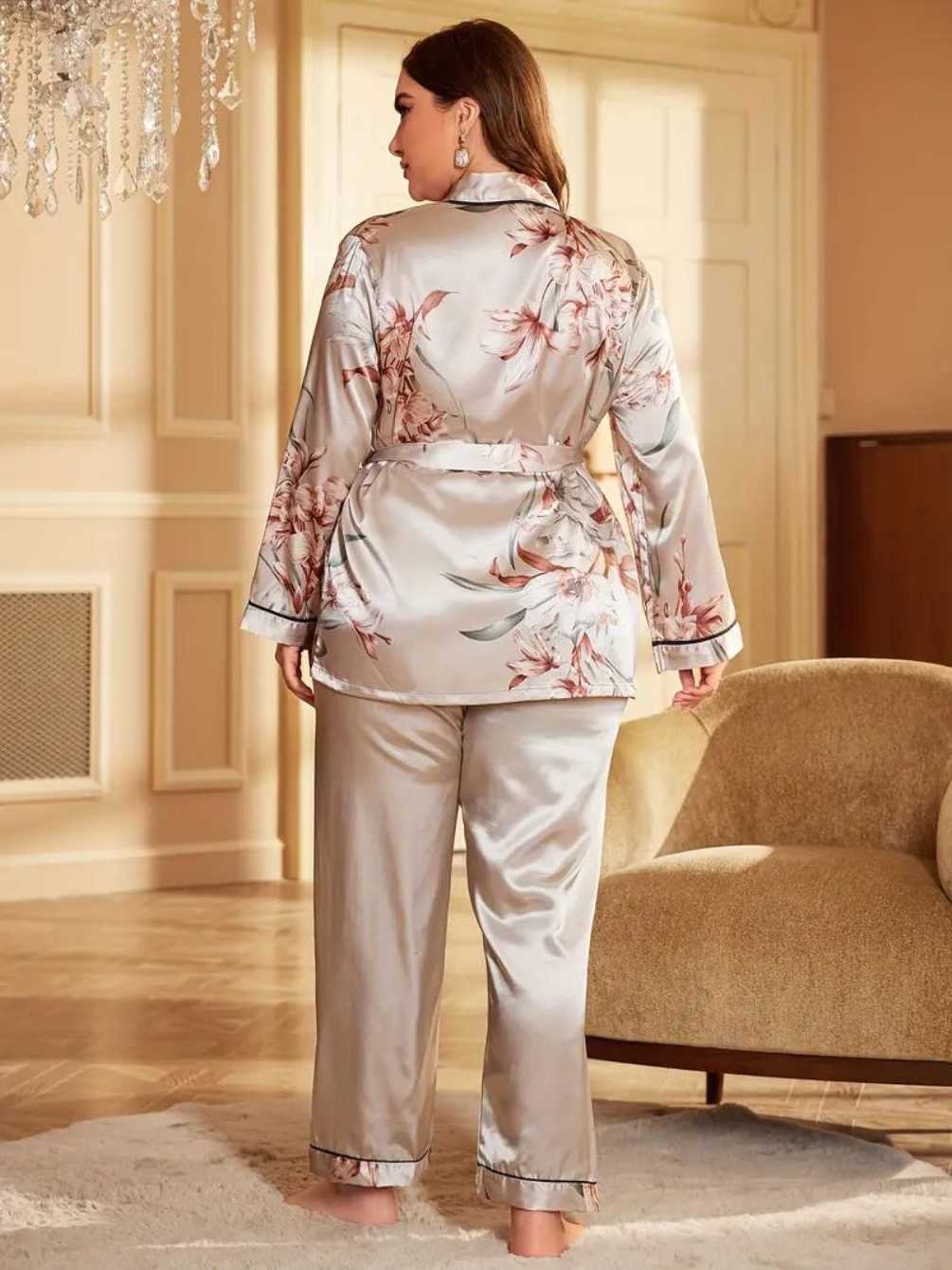 Pijama imprimeu floral din satin 100%