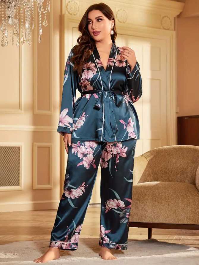 Pijama imprimeu floral din satin 100%