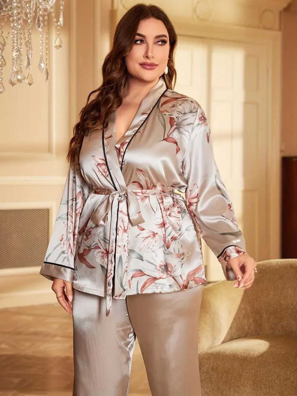 Pijama imprimeu floral din satin 100%
